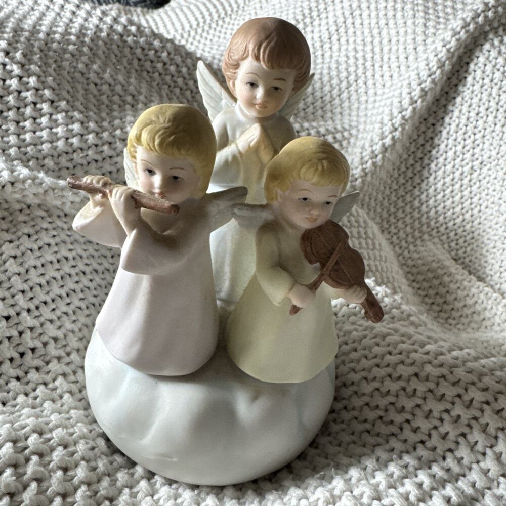 Vintage Roman Inc Three Angels Rotating Music Box Plays Amazing Grace Wind Up